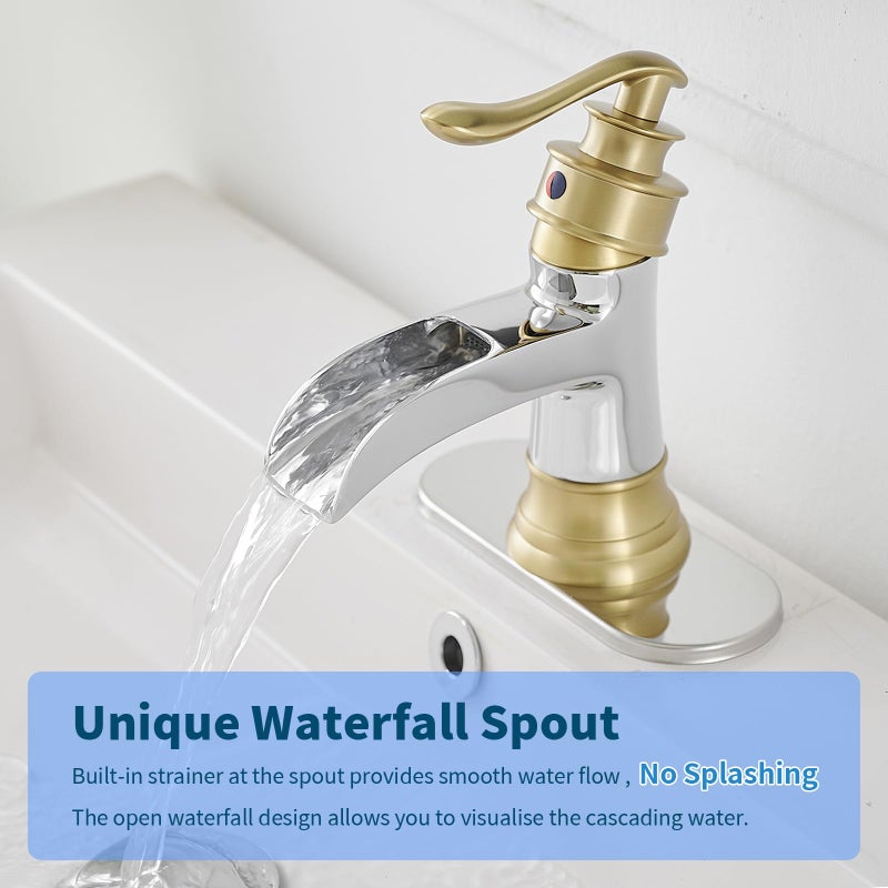 BWE Bathroom Faucet Waterfall Single Handle Chrome and Gold Vanity with Pop Up Drain Stopper with Overflow One Hole Lever Bath Sink Basin Restroom Mixer Tap Commercial Supply Line - Image 2